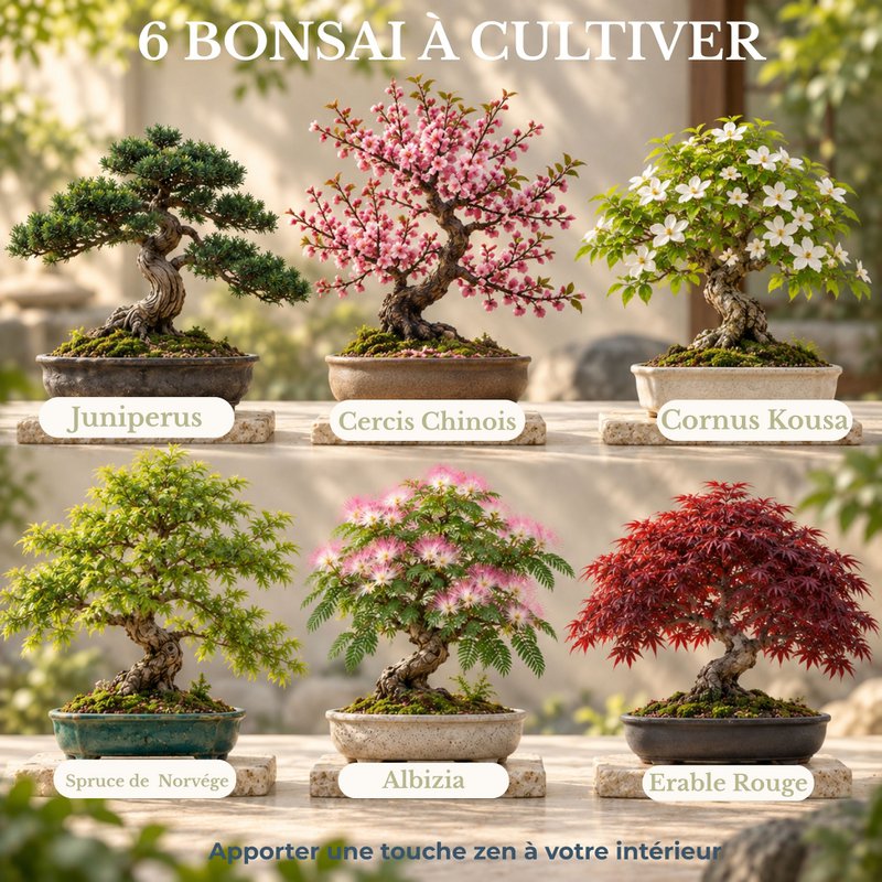 CULTIVEA® Kit Listo para Cultivar 6 Bonsáis - Jardinería y Decoración - Idea de Regalo de Navidad (Arce Rojo, Cercis Chino, Enebro, Liquidambar, Pícea Noruega)