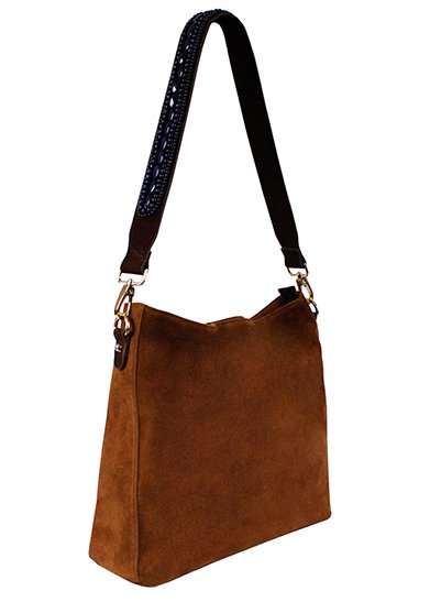 BOHO IBIZA BAG - Saphirblauer Schultergurt (70cm) + Wildledertasche (Cognac)