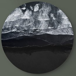 Round wall art depicting a monochrome landscape with mountains and clouds. Available in multiple sizes from 40cm to 140cm diameter.