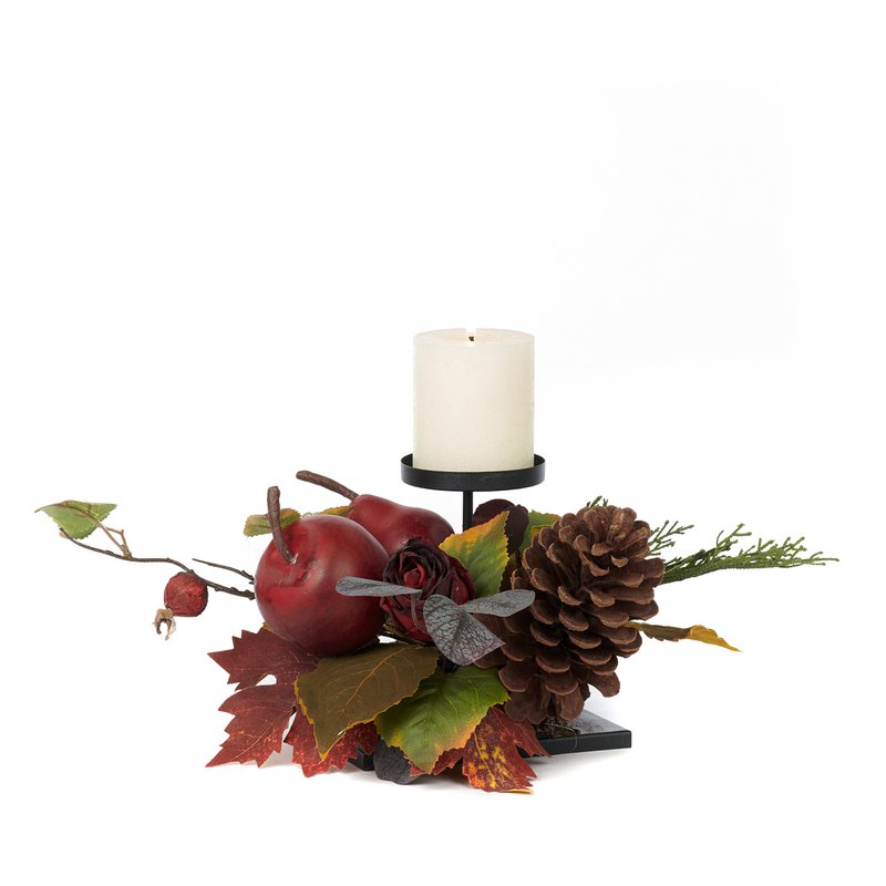 APPLE/LEAF/PINEC.CANDLE HOLDER TT BURG/GRN 38CM INTODS