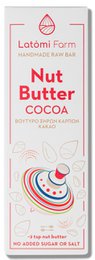  Raw energy bar with nut butter and cacao, 50g. Snack bar with red and white packaging, featuring text "Nut Butter Cocoa" and a graphic design.
