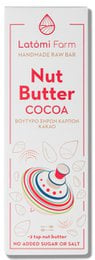 Raw energy bar with nut butter and cacao, 50g. Snack bar with red and white packaging, featuring text "Nut Butter Cocoa" and a graphic design.