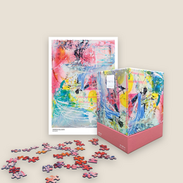 Colorful abstract art puzzle with matching print, featuring vibrant brushstrokes and shapes in a variety of hues.