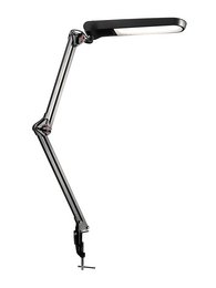 A black, adjustable LED desk lamp with an articulated arm design.