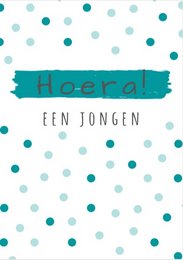 A colorful and playful greeting card with the text "Hoera!" (Hooray in Dutch) against a white background with teal and blue polka dots. The card appears to be designed for a baby or young child, suitable for celebrating a special occasion.