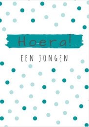 A colorful and playful greeting card with the text "Hoera!" (Hooray in Dutch) against a white background with teal and blue polka dots. The card appears to be designed for a baby or young child, suitable for celebrating a special occasion.