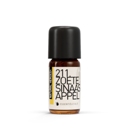 Sweet orange essential oil in a brown glass bottle with a black cap.