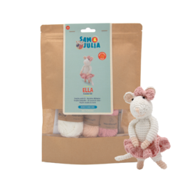  Crochet kit containing a soft plush mouse toy, yarn, and instructions for a DIY craft project. The kit includes materials for creating a cozy, handmade mouse figure in pastel colors.