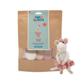 Crochet kit containing a soft plush mouse toy, yarn, and instructions for a DIY craft project. The kit includes materials for creating a cozy, handmade mouse figure in pastel colors.