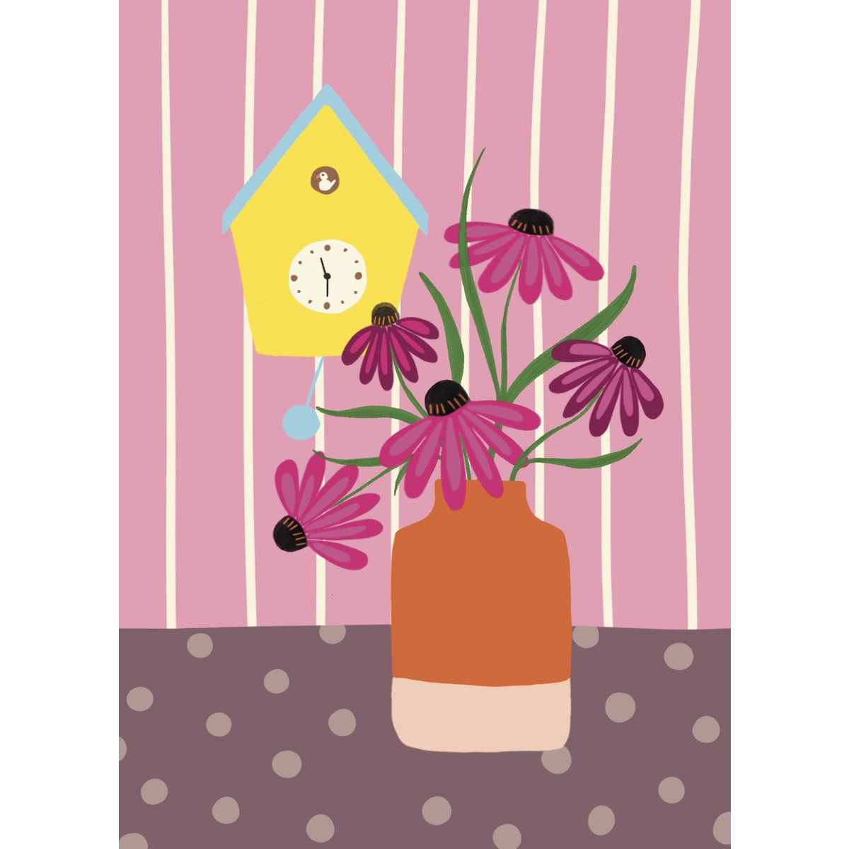 Fleurs en vase avec carte en carton d'horloge