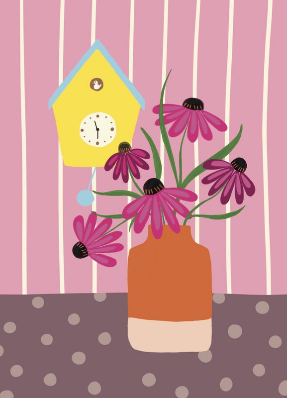 Fleurs en vase avec carte en carton d'horloge