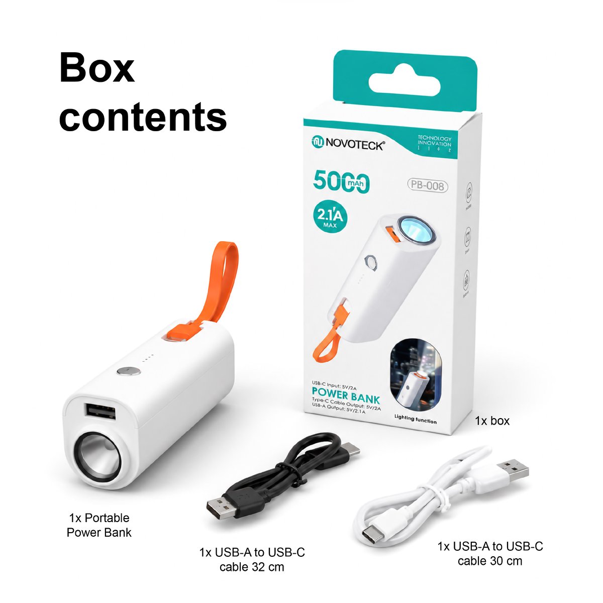 Power Bank portátil PB-008 de 5000 mAh - Blanco con cable incorporado y linterna LED