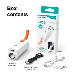 Power Bank portátil PB-008 de 5000 mAh - Blanco con cable incorporado y linterna LED