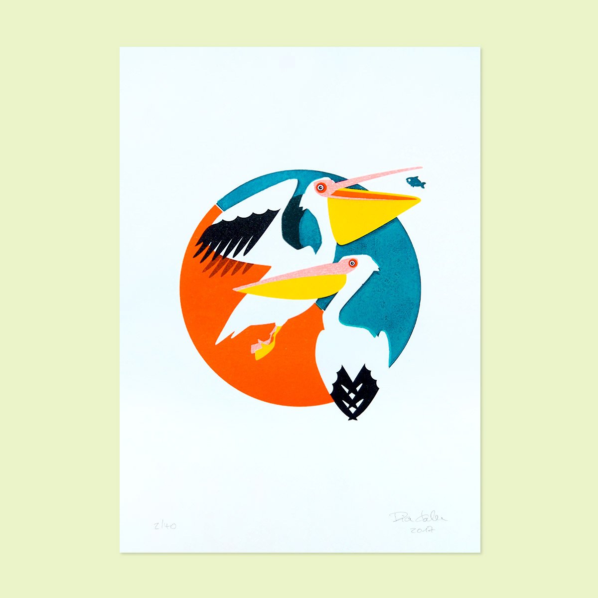 Risographie und Linoldruck Pelikane