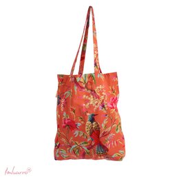 Vibrant orange cross-body bag with tropical floral print, featuring a mix of bold colors and nature-inspired patterns.