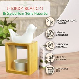 Naturea Series Perfume Burner – Birdy White – Bamboo and Ceramic Candle Holder – Diffusion of Scented Wax, Essential Oils – Gift Idea