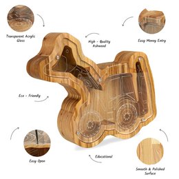 Wooden Piggy Bank Tractor (M/L, 3 farver)