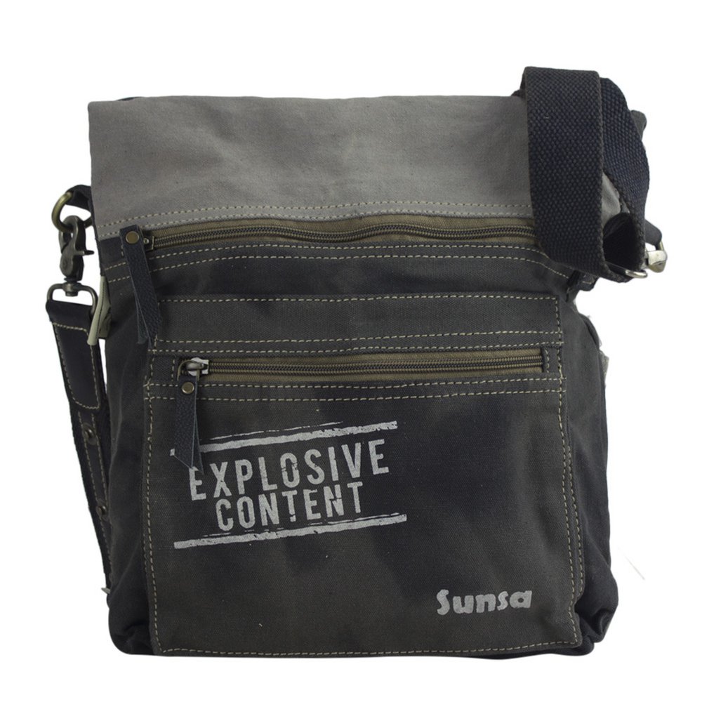 Sunsa dames schoudertas. Handtas gemaakt van canvas en leer. Schoudertas in vintagestijl. Grote crossbodytas voor dames met hondenprint grijs/zwart