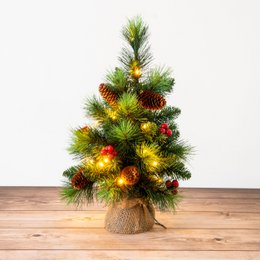 Arbre de Noël LED avec des baies et des pommes de pin - H: 45 cm