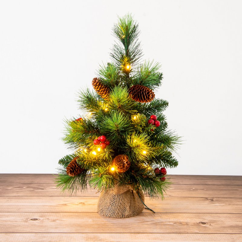 Arbre de Noël LED avec des baies et des pommes de pin - H: 45 cm