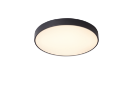 A round, black ceiling light fixture with a white, diffused light source.
