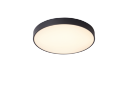 A round, black ceiling light fixture with a white, diffused light source.