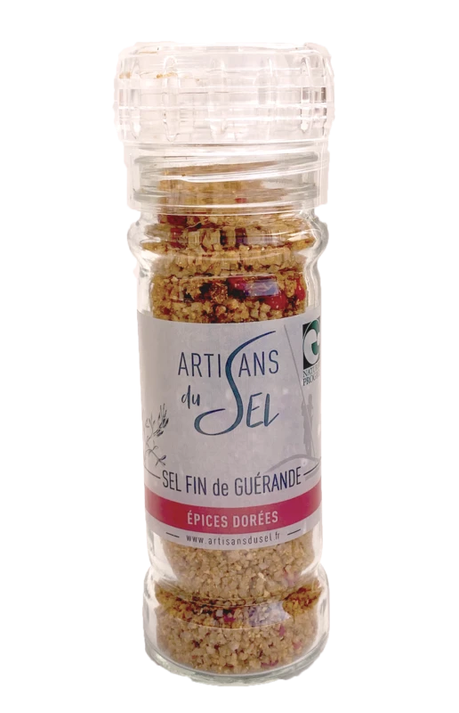 Fin de la sal de Guérande con especias doradas - 80 g de molino recargable | Artesanos de sal