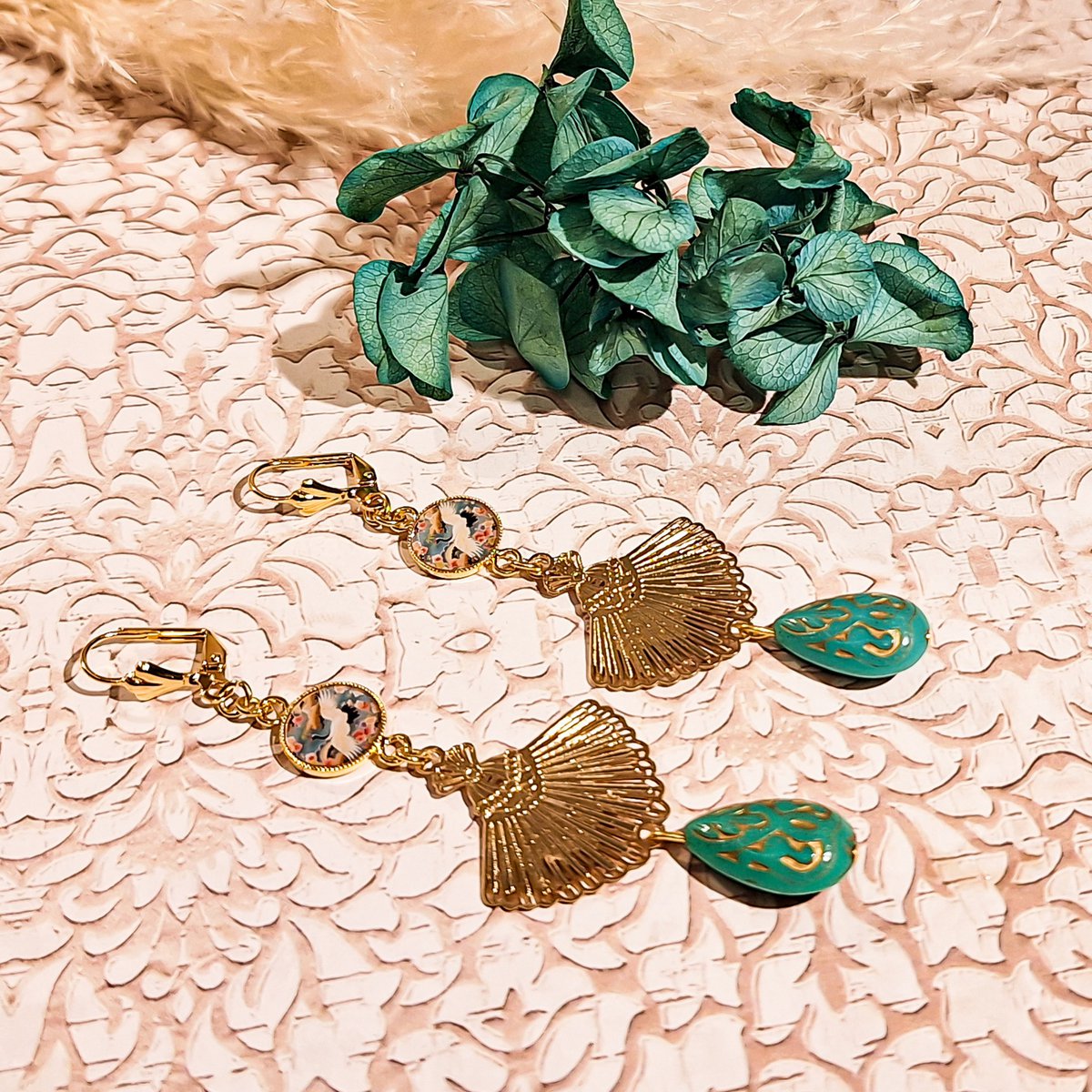 Boucles Eventail Perles arabesques Art deco Oiseau Fête des mères Cadeau Maman Cadeau Maîtresse