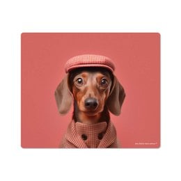 Circular mouse pad with a dachshund dog wearing a pink hat and scarf against a coral background.