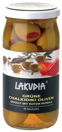 Green Chalkidiki olives stuffed with red peppers. Olives, red peppers, olive oil, salt.