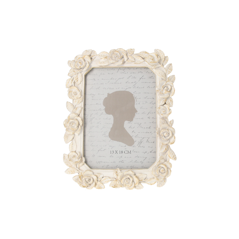 White gold resin photo frame with roses 19x24 cm