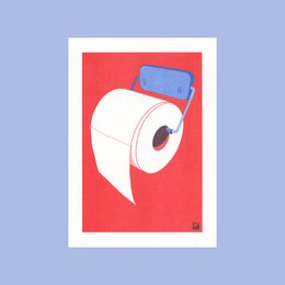  Toilet roll print with minimalist design featuring a white toilet roll against a red background with blue accents. Suitable for home decor or bathroom wall art.