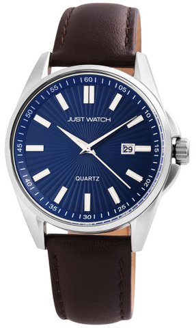 Just Watch Herrenuhr "Garry" mit Echtlederband, Ø 45 mm, dunkelbraun/ silberfarben/ blau