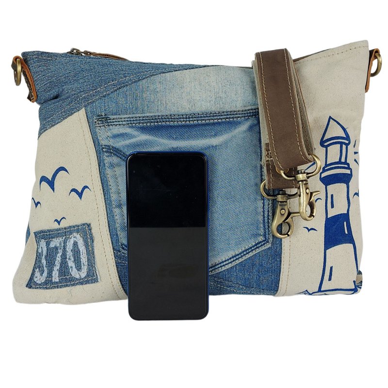 Sunsa dames schoudertas. Schoudertas gemaakt van upcycled jeans en canvas. Vintage handtas in retrostijl. Crossbodytas voor dames.