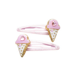 Pink ice cream cone hair clips, sparkly glitter design, children's barrettes with heart details