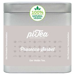  White tea with prosecco sorbet flavor, available in tin, pouch, and mini-pouch packaging.