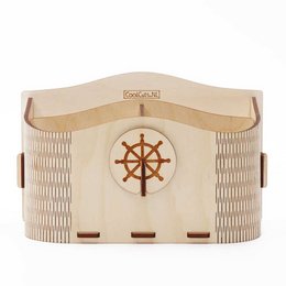 A wooden desk organizer with a ship's wheel design, suitable for storing office supplies and accessories.
