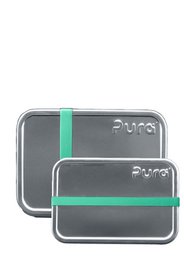  Gray lunchbox set with green silicone bands, two sizes, modern rectangular shape, durable containers
