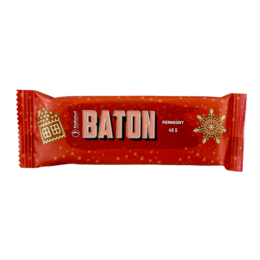 A rectangular-shaped gingerbread-flavored snack bar with a red and gold wrapper.