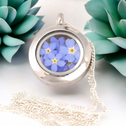 Vergeet-mij-niet bloemenmedaillon - glazen medaillon met echte bloemen 925 sterling zilveren ketting - K925-134