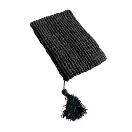 Black woven raffia clutch with tassel detail, textured knit pattern, compact size.