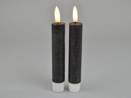 Black LED stick candles, set of 2, 2.2 cm diameter x 15 cm height, with on/off and timer functions, powered by 1 AAA battery.
