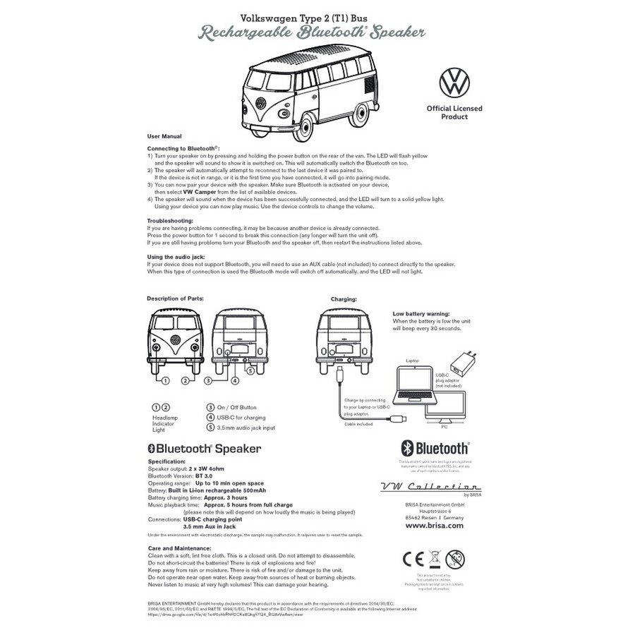 Volkswagen VW T1 Bus Altavoz Bluetooth en caja de regalo - Rojo