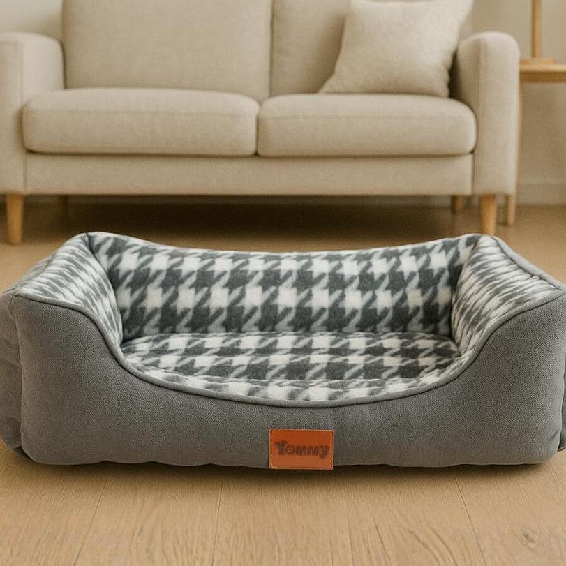 Yommy Haustierbett | Elegantes Hahnentritt-Design | Weiches und warmes Bett mit rutschfester Unterseite | Erhältlich in 3 Größen S/M/L und den Farben Grau, Blau und Schwarz | Ideal für Hunde und Katzen, bequem, langlebig und perfekt für den Winter