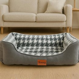  Houndstooth pet bed, grey blue black, soft warm cushion, non-slip base, dogs cats, comfortable durable.