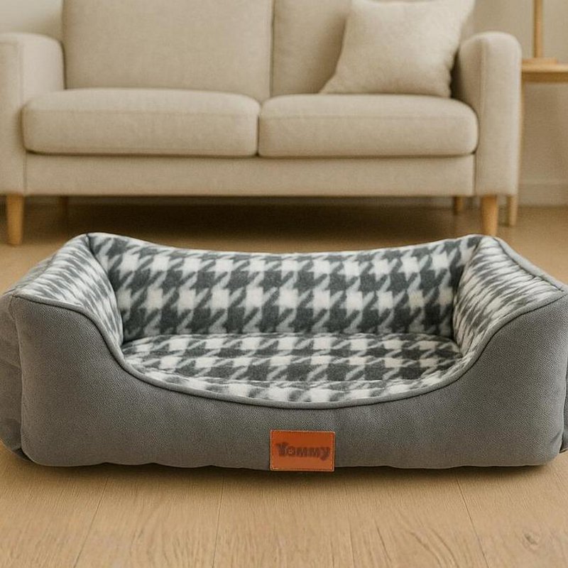 Yommy Haustierbett | Elegantes Hahnentritt-Design | Weiches und warmes Bett mit rutschfester Unterseite | Erhältlich in 3 Größen S/M/L und den Farben Grau, Blau und Schwarz | Ideal für Hunde und Katzen, bequem, langlebig und perfekt für den Winter