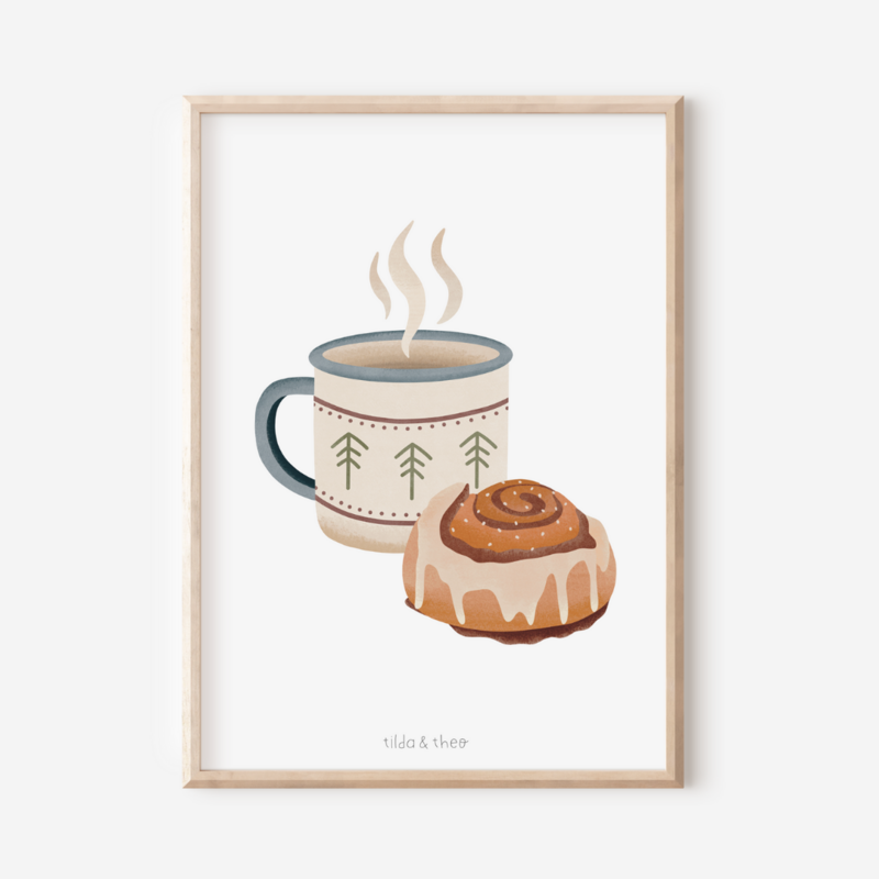 Poster Emailletasse & Zimtschnecke Norwegen - Kunstdruck Camping Reiseprint Hygge