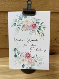 Watercolor floral postcard with the text "Thank you for the invitation" in a handwritten style. The card features a bouquet of pink and white flowers, greenery, and other botanical elements.