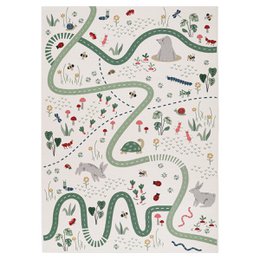A colorful, whimsical children's play mat featuring a winding river, trees, animals, and various outdoor elements. The mat is designed for indoor and outdoor use, providing a fun and engaging play surface for kids.