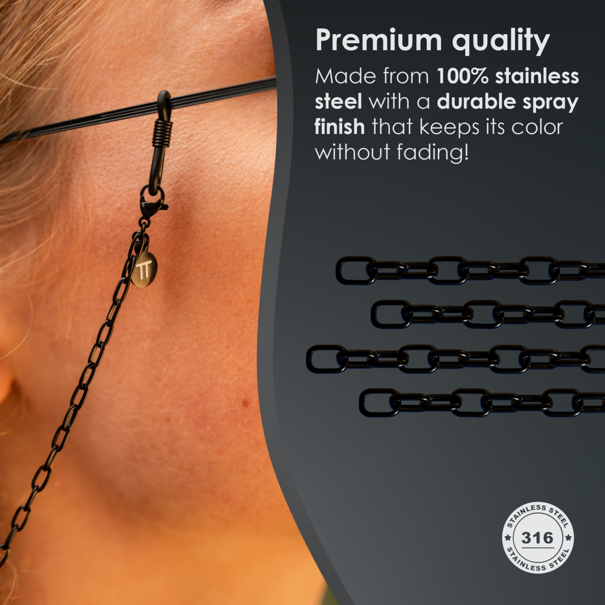 Glasses Cord Links Black — 100% Stainless Steel & Unisex Eyewear Cords for Women and Men — Glasses Chain with Extra Loops — Brillenkoord Brillenband Brillenkette Cordon de Lunettes Cordón Para Gafas